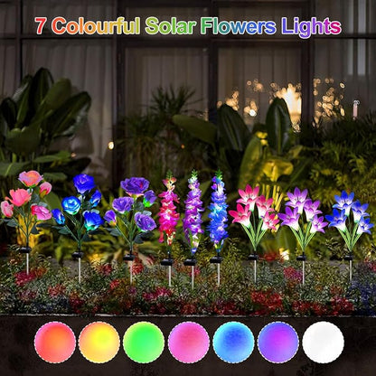 MRHEPHAESTUS Solar Garden Lights, 6 Pack Solar Flowers Lights with Lily Rose Delphinium, Waterproof Gardening Gifts for Mom Grandma Women,Multi-Color Changing Outdoor Light for Garden Yard Patio Lawn