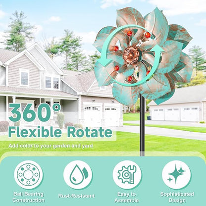 Wind Spinners Outdoor, Retro Green 2‑Blade Kinetic Wind Sculpture with Red Gems, Dual‑Direction Windmill with 5‑Prong Base, Height Adjustable Yard Art for Lawn Patio Garden, 12.6" W x 63" H