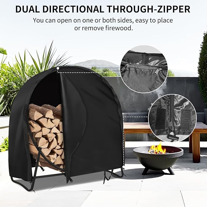 AKEfit 40 Inch Firewood Log Hoop Cover, Heavy Duty 600D Oxford Outdoor Waterproof Round Log Rack Cover with Zipper & 2 Windproof Buckle Straps & Drawstring,Round Firewood Rack Cover