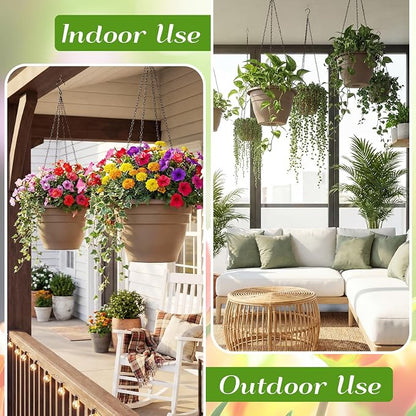 20 Pack 10 Inch Plastic Hanging Planter Bulk Brown Hanging Baskets for Plants with Drainage Trays Self Watering Plant Pot Outdoor Indoor Planter for Garden, Balcony, Porch, Patio Decor