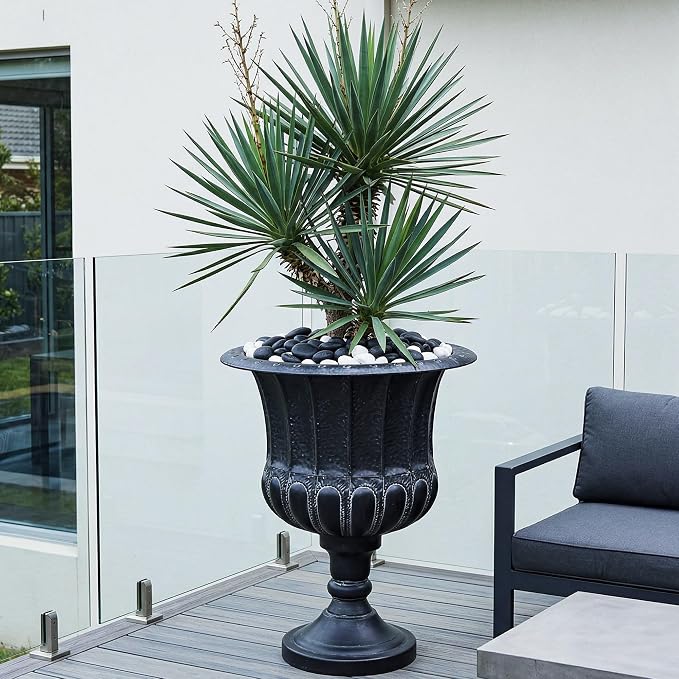 Worth Garden 25" H. Metal Urn Planters 1-Pack - Black Classic Antique Iron Plant Pots - Large Decorative Rustic Flower Pots for Outdoor Use - Traditional Urn Planter for Patio, Front Porch