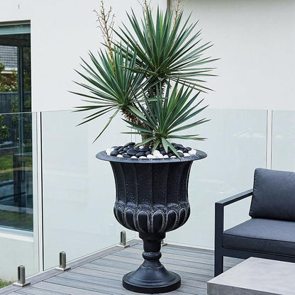 Worth Garden 25" H. Metal Urn Planters 2-Pack - Black Traditional Classic Iron Plant Pots - Large Decorative Rustic Flower Container for Patio, Front Porch, Outdoor Use