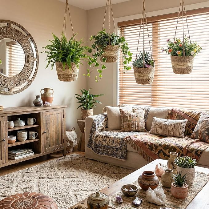 6 Pcs Seagrass Hanging Planter Basket Hand Woven Plant Basket with Plastic Liners Hanging Plant Holder Storage Containers with Cotton Rope for Indoor Outdoor Garden Home Decor(Beige)
