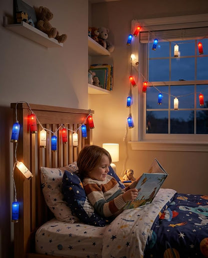 8.5Ft 4th of July String Lights, 10L LED Red White and Blue Shotgun Shell Lights Plug in for Home Classroom Porch Backyards Tree Patriotic Holiday Decorations, Indoor and Outdoor Use