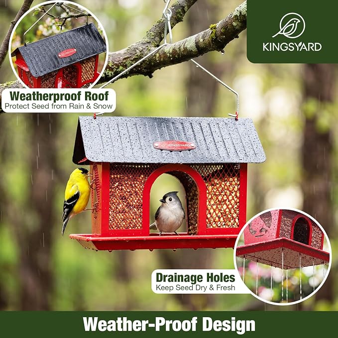 Kingsyard Wild Bird Feeder for Outdoors Hanging, All Metal | Dual-Use Mesh with 360° Feeding, Weatherproof Roof, 3 lb Seed Capacity, Garden Decor & Birding Gift, Red
