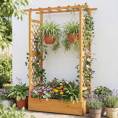 Happygrill 70" Raised Garden Bed with Trellis, 2 Pack Wood Planter Box w/Hanging Roof, 2 Side Trellises, Open-Ended Base for Flower, Climbing Plant, Plant Container for Garden