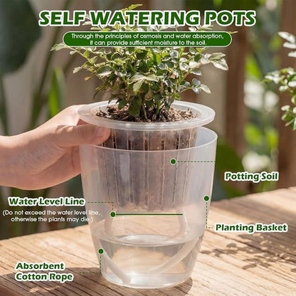 9 Pcs 3 Each of 5'', 6.5'', 7'' Clear Self Watering Plant Pots, Transparent African Violet Pots with Drainage Holes Plastic Wick Flower Planters for Indoor Flowers, Spider Plant, Orchid Pot