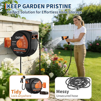 1/2 in x 100 ft Retractable Garden Hose Reel, Wall Mounted, 9-Function Nozzle, Any Length Lock, 180° Swivel, Auto Slow Rewind for Watering Lawn, Washing Car, Cleaning Patio