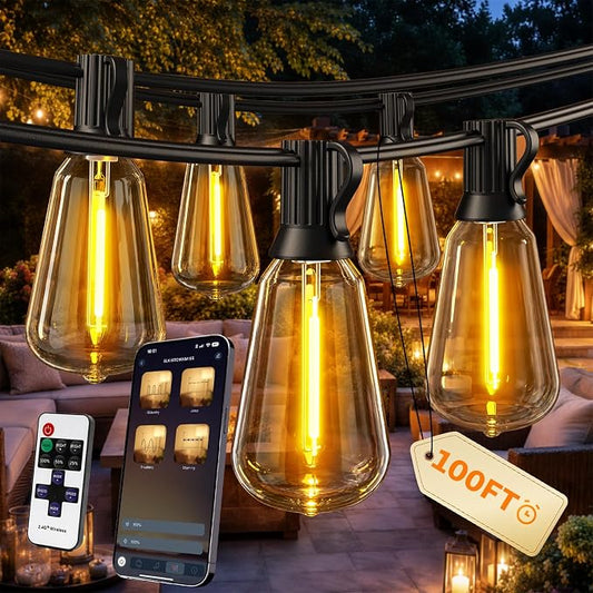 Outdoor String Lights 100FT Patio Lights for Outside Outdoor Ceiling Porch Light, Smart App andRemote with Timer Dimmable 4 Scene Modes Waterproof LED Bulbs for Garden Yard and Backyard Decor