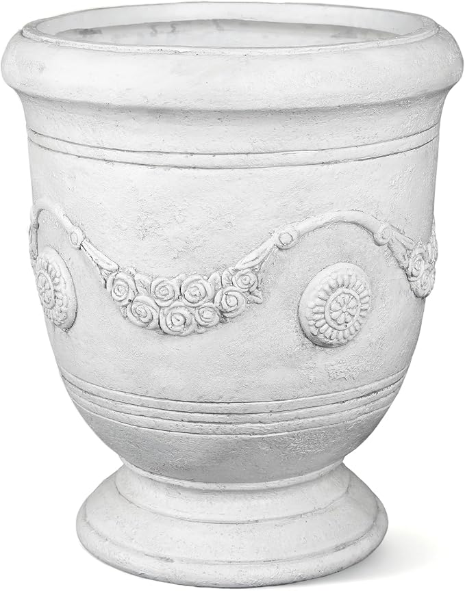 Planters for Indoor & Outdoor Plants, 16.5 Inch Large Magnesium Oxide Urn Planter with Drainage Hole, Decorative Unique Garden Plant Pots for Front Porch & Home Decor, Lightweight, White