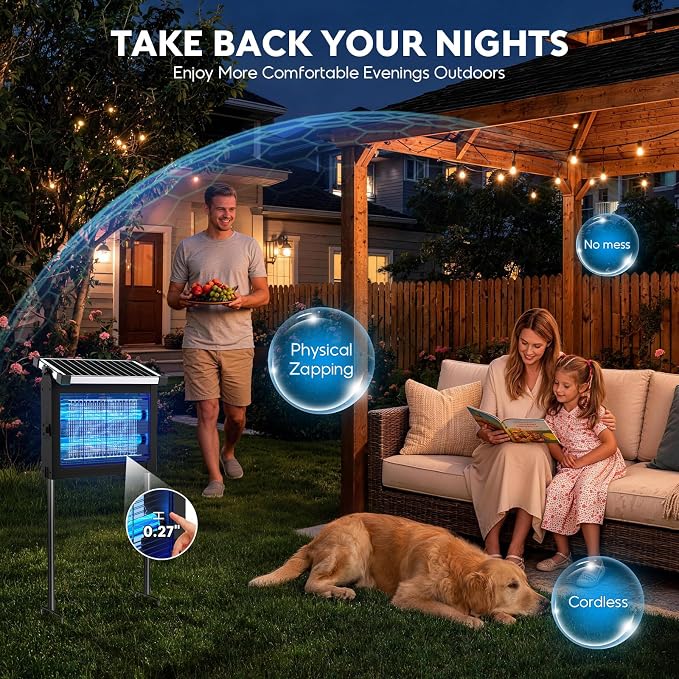 Solar Bug Zapper Outdoor with Projector Lights, Waterproof Mosquito Zapper, 4500V Electric Bug Zapper Indoor with Smart Light Sensor, Mosquito Trap Fly Zapper for Patio Backyard Kitchen RV Camping