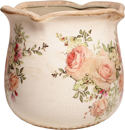 Xiaan Jiaju Ceramic Flower Vase, Rustic Farmhouse Vases & Planting Pots with Drainage, European Home Decor for Mantel Fireplace Bookshelf Wedding Centerpieces, Pink Rose Floral
