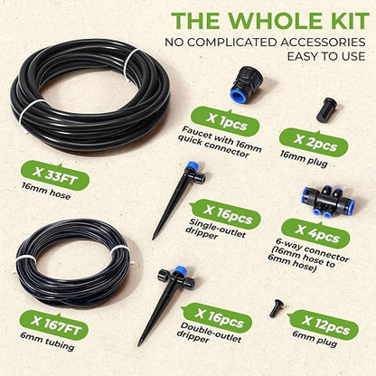 HIRALIY 200FT Drip Irrigation System Kit, Quick-Connect Garden Watering System with 33FT Main Hose and 167FT 1/4" Tubing, Adjustable Drippers for Raised Beds, Greenhouse, Patio & Lawn