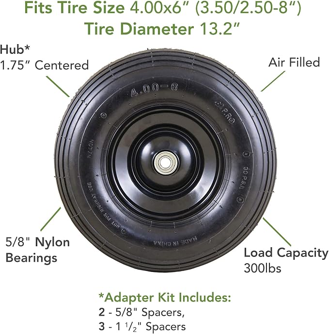 Marathon Replacement Wheelbarrow Wheel with Adapter Kit - 13-Inch - Fits Tire Size of 4-Inch x 6-Inch (3.50/2.50-8-Inch), (20296-M)