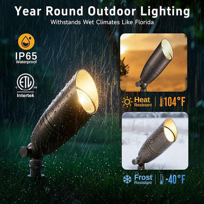 Gardenreet Die-Cast Brass Spot Light Outdoor - 12V LED Uplighting Waterproof, Low Voltage Landscape Lights Direct Wire, Bronze for Fence Fountain with Warm White MR16 Replaceable Bulbs (12 Pack)