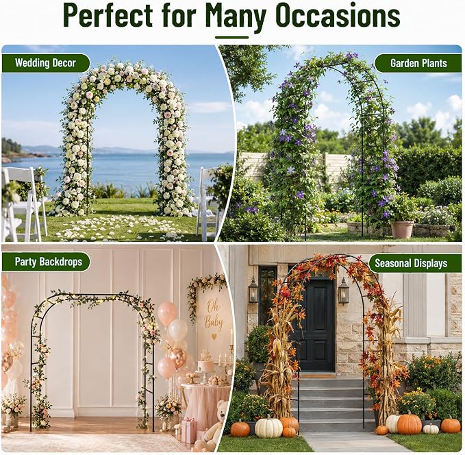 SUNLPH Thickness Metal Garden Arch Trellis for Climbing Plants, Rustproof, Black, 4.6x8.2 or 7.2x6.9 Ft, Wedding Arbor Archway for Bridal Party Flower Decoration