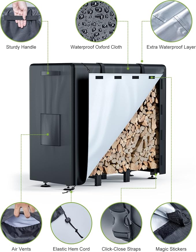 Brightown Firewood Rack Outdoor with Cover, 4FT Indoor Wood Rack for Firewood, Waterproof Fire Wood Holder Outside, Adjustable Heavy Duty Logs Stand Stacker Holder for Fireplace Patio Deck, Black