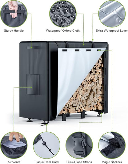 Brightown Firewood Rack Outdoor with Cover, 4FT Indoor Wood Rack for Firewood, Waterproof Fire Wood Holder Outside, Adjustable Heavy Duty Logs Stand Stacker Holder for Fireplace Patio Deck, Black