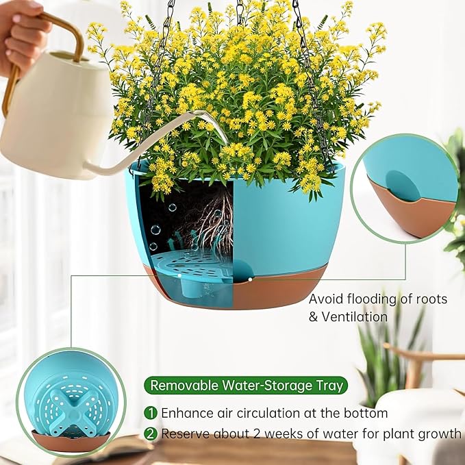 Set of 2 Hanging Planters for Indoor Outdoor Plants, 10 Inch Self-Watering Hanging Flower Pots with Drainage Hole & Removable Water-Storage Tray (Hooks)