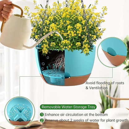 Set of 2 Hanging Planters for Indoor Outdoor Plants, 10 Inch Self-Watering Hanging Flower Pots with Drainage Hole & Removable Water-Storage Tray (Hooks)
