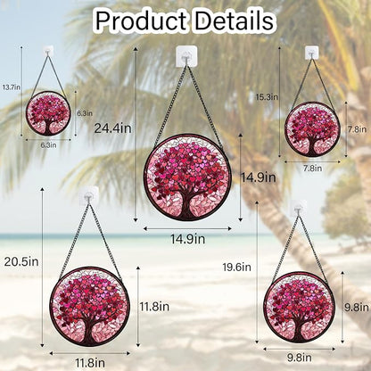 Stained Glass Window Hanging, Birthday Gifts for Women Mom Grandma Nana Wife Couple, Pink Love Tree Suncatcher for Doors Window Home Sun Catchers Gifts Decor 14.9 in