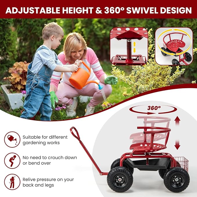 ERGOMASTER Rolling Garden Seat with Wheels, Adjustable 360° Swivel Workseat and Storage Basket, Extendable Handle, Outdoor Gardening Wagon Scooter, Red