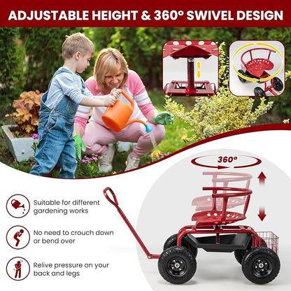 ERGOMASTER Rolling Garden Seat with Wheels, Adjustable 360° Swivel Workseat and Storage Basket, Extendable Handle, Outdoor Gardening Wagon Scooter, Red