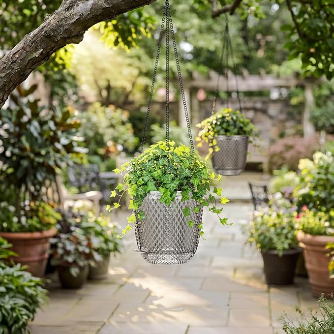 QCQHDU 7.2 Inch 2 Pack Hanging Planters for Indoor Outdoor Plants,Self Watering Flower Pots Hanging Basket,Plastic Plant Hanger with Drainage Holes and 3 Hooks for Window Porch Garden Balcony, (Grey)