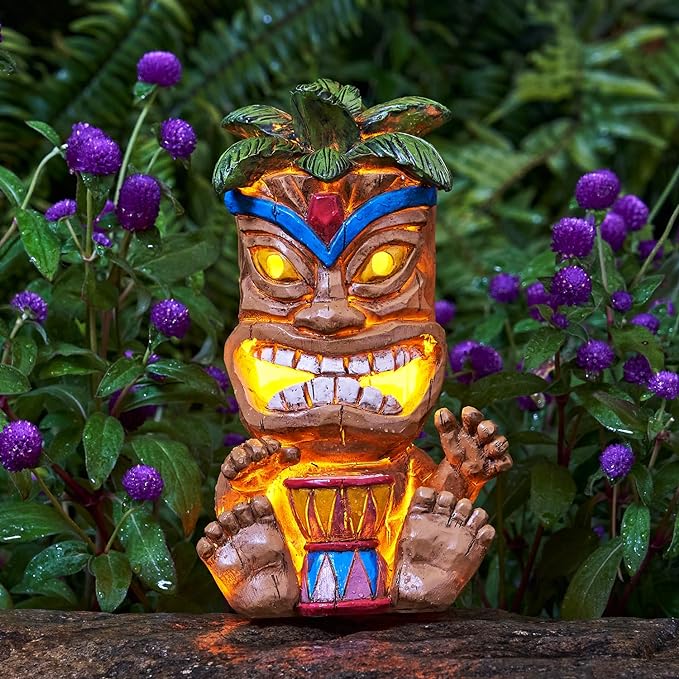 Outdoor Tiki Statue Decoration-Solar Power Light Tiki Garden Statues-Tiki Bar Decor Totem Pole Waterproof Figurines for Garden,Patio,Balcony,Yard,Lawn Ornament,10.43 Inch Tall