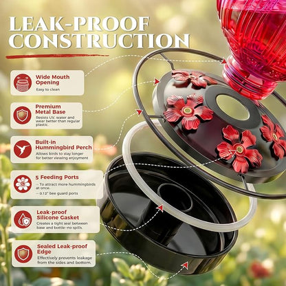 Glass Hummingbird Feeder for Outdoors Hanging, 26Oz Bird Nectar Feeder with Perch & 5 Flower Feeding Ports, Leak Proof for Outside Garden Decor Backyard, Gifts for Women Mom, Purple & Red