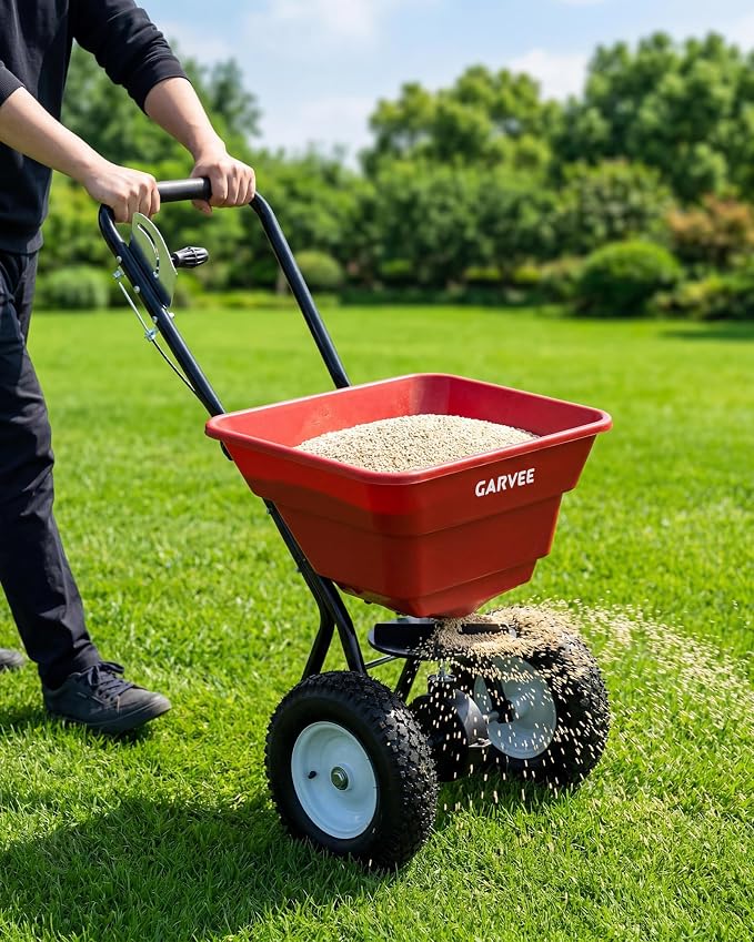 80 LBS Push Broadcast Spreader, 12FT Spreading Width, 13in All-Terrain Wheels, Adjustable Flow Control, Heavy Duty Walk Behind Lawn Spreader for Fertilizer, Grass Seed, Ice Melt, Salt