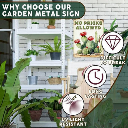 PEACHGARDEN Cactus Deocr Garden Signs No Pricks Allowed Southwestern Metal Tin Sign Cactus Wall Art Decor for Outdoor Garden Yard Greenhouse 12x16 inch