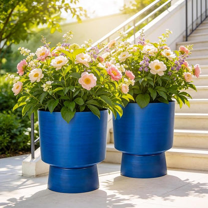2-Pack 16.8" Brushed Blue Plastic Urn Planters with Detachable Bases | Set of 2 PP urn planters with brushed blue finish, detachable bases, drainage plugs, and UV-treated finish for porch