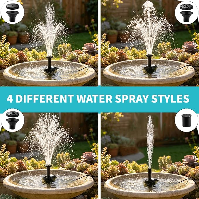 Solar Fountain Pump, DIY Solar Water Pump Kit for Bird Bath, Upgraded 1.8W Solar Powered Fountain with 9.84FT Cord & 4 Nozzles Modes for Outdoor Features, Ponds, Garden, Fish Tank