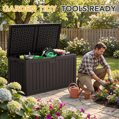 240 Gallon HDPE Deck Box Outdoor Indoor Waterproof Storage Box for Patio Furniture, Pool Accessories, Garden Tools, and Cushion Storage, Brown