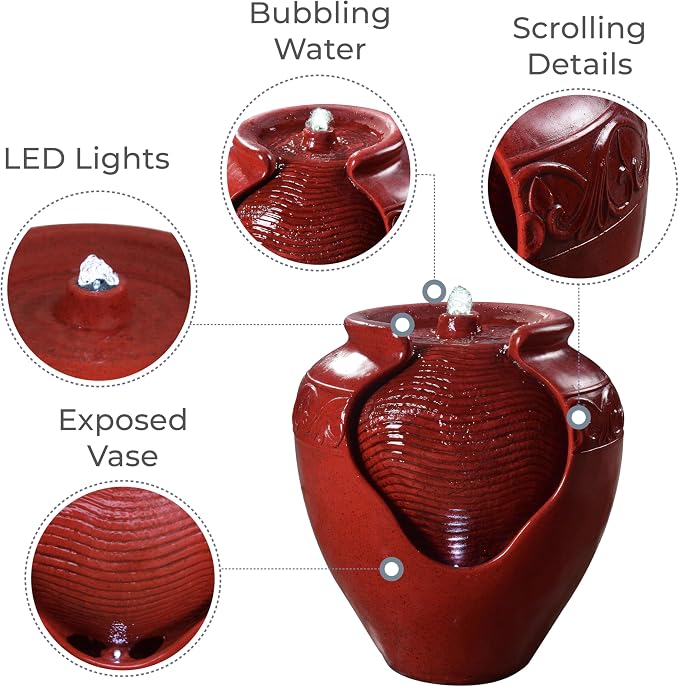 Teamson Home Outdoor Pot Fountain with LED Lights and Pump, Floor Water Fountain for Patio, Garden, Backyard, Decking Home Décor, 16.93 Inch Height, Red | LED Lights, Pump Included, Floor Water Fountain, For Patio, Garden, Backyard, Decking