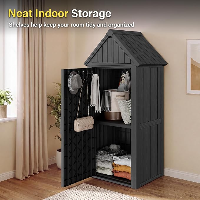 Bifanuo Deck Box Storage Shed Outdoor Storage Cabinet, Vertical Waterproof Resin Material Plastic Shed with Removable Shelves, 12 Hooks and Lock Ring for Garden, Pool and Patio (Classic Black)
