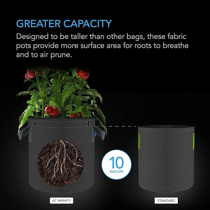 AC Infinity Heavy Duty Fabric Pots, 10 Gallon Aeration Reusable Grow Bags 5-Pack with 500G Thick Nonwoven Fabric and Multi-Purpose Rings, for Low Stress Plant Training Fruits, Vegetables, and Flowers