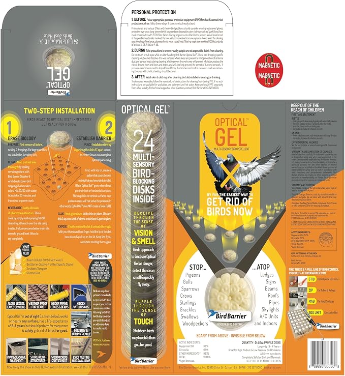 Bird Barrier Optical Gel Bird Deterrent – 200 Pack All-Natural Bird Gel – Deters Most Species Including Pigeons, Woodpeckers, Gulls, Crows, Starlings – Ideal for Ledges, Balconies, Signs, Equipment