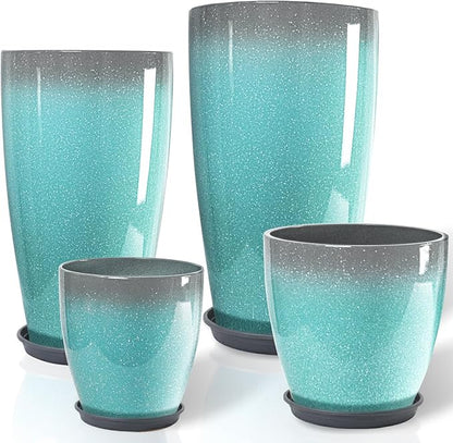 ZMTECH 24/21/12/10" H Large Plastic Planters with Drainage Hole and Saucer -Set of 4 Tall Lightweight Flower Pot for Front Porch Patio Deck,Sky Blue with White Spots