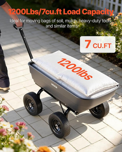 VEVOR 7 Cu.Ft 1200LBS Poly Garden Cart Dump Wagon, Heavy Duty Wheelbarrow with 2-in-1 Convertible Handle and 13" Flat Free Tires, Utility ATV Trailer Yard Dump Cart Tow Behind for Lawn Mower Tractor