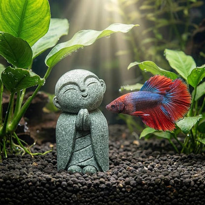 Jizo Statue, Little Monk Buddha Figurines for Zen Garden and Aquarium, Natural Sandstone Sculpture with Tilt Smile, Meditation Decor for Home Office Desk, Grey (Jizo Monk)