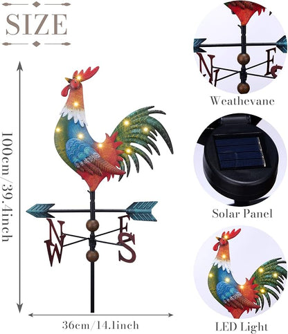 TERESA'S COLLECTIONS Garden Decor with Solar Outdoor Lights, Red Rooster Yard Art Sign for Outside, 39.4'' Metal Weathervane Decorative Garden Stake for Outdoor Decor Lawn, Gifts for Mom