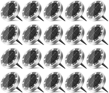 20 Pack Solar Ground Lights Outdoor, 8 LED Mini Flat Solar Disc Lights, IP65 Waterproof Pathway Lights Solar Powered, Landscape Lighting for Garden Walkway Driveway Yard Lawn,Cool White