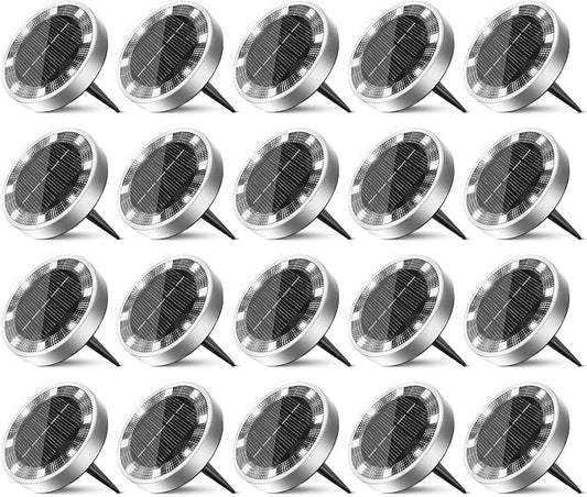 20 Pack Solar Ground Lights Outdoor, 8 LED Mini Flat Solar Disc Lights, IP65 Waterproof Pathway Lights Solar Powered, Landscape Lighting for Garden Walkway Driveway Yard Lawn,Cool White