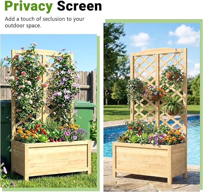DoCred Raised Garden Bed with Trellis, 30" L x 16" W x 59" H Elevated Freestanding Planter Box for Climbing Plants, Outdoor Wooden Privacy Screen with Garden Box for Backyard Patio Balcony Decor