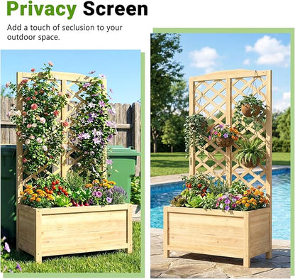 DoCred 2PCS 30" L x 16" W x 59" H Raised Garden Bed, Freestanding Elevated Planter Box with Trellis for Climbing Plants, Outdoor Wooden Privacy Screen with Garden Box for Backyard Patio Balcony Decor