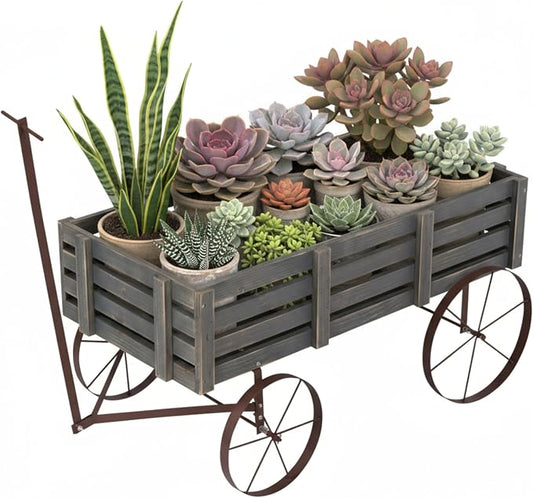 Shine Company Decorative Buckboard Wagon Garden Planter, Wooden Wagon Yard Décor for Outdoor Plants, Gray