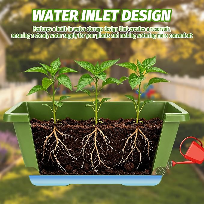 7 Pack Window Box Planters, 17 Inch Plastic Rectangular Flower Pots for Indoor/Outdoor Plants, Herbs, Vegetables, Includes Trowel, Waterproof Mat & Gloves(Light Green)