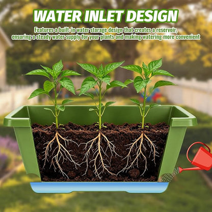 7 Pack Window Box Planters, 17 Inch Plastic Rectangular Flower Pots for Indoor/Outdoor Plants, Herbs, Vegetables, Includes Trowel, Waterproof Mat & Gloves(Light Green)